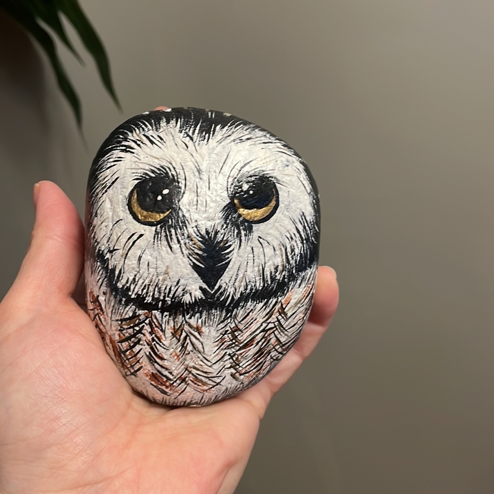 Vintage 2000s Rock Painted Owl Decoration Handmade Handcrafted Handpainted